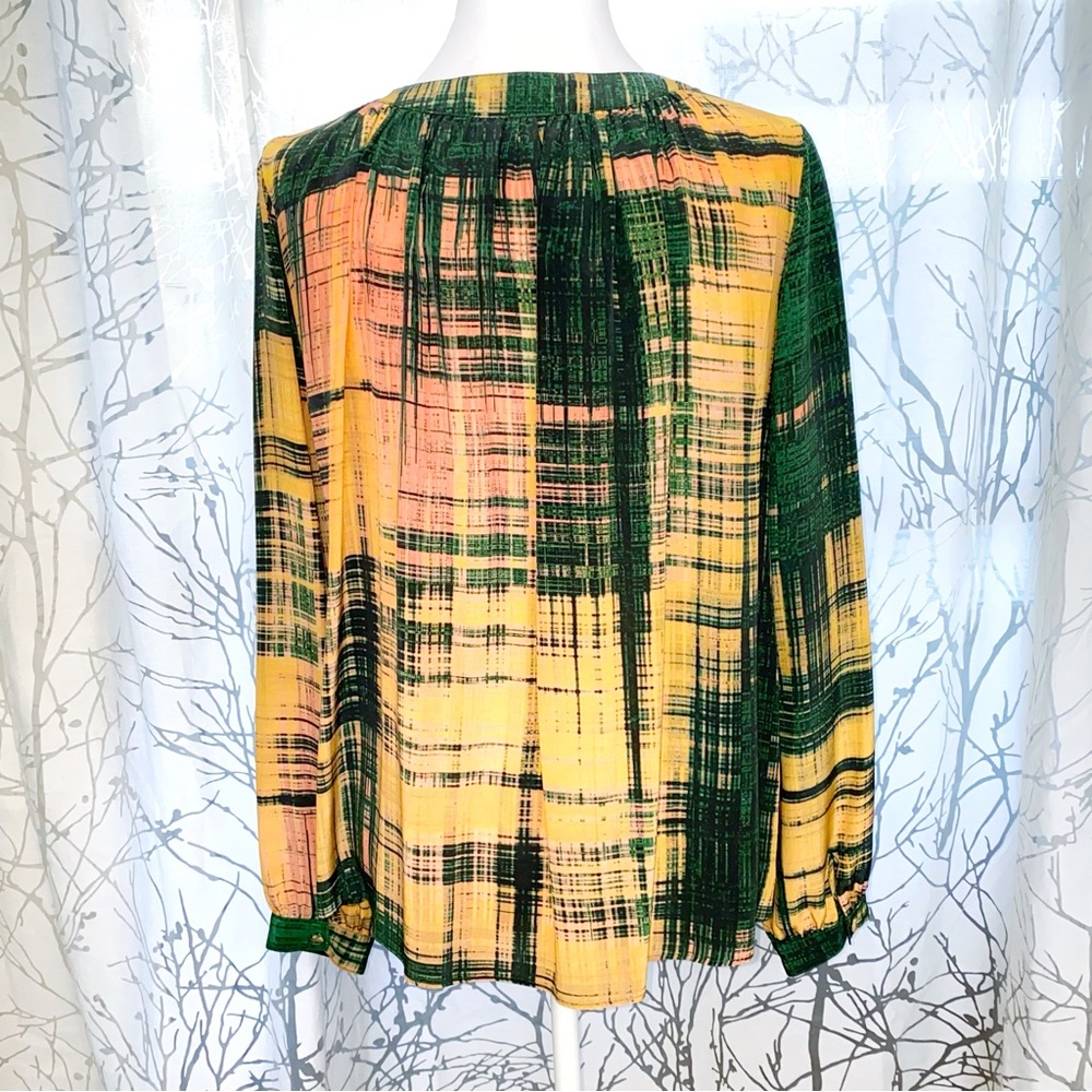THAKOON yellow peach green print silk button down neck v-neck long sleeve top - Picture 3 of 11